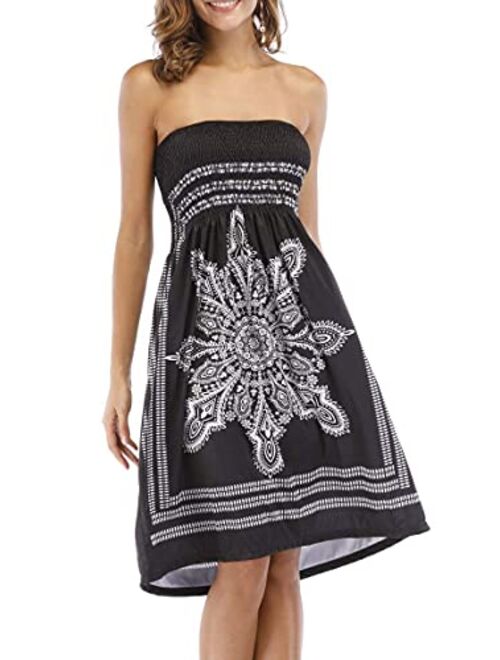 Women's Strapless Floral Bohemian Casual Mini Beach Dress Cover-ups Dress