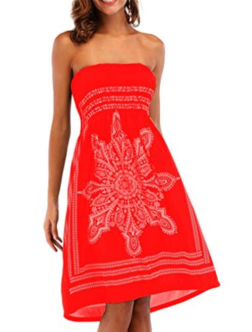 Women's Strapless Floral Bohemian Casual Mini Beach Dress Cover-ups Dress