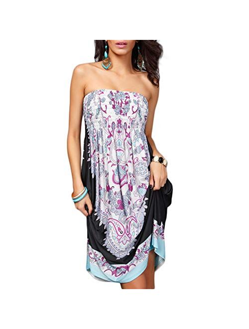 Women's Strapless Floral Bohemian Casual Mini Beach Dress Cover-ups Dress