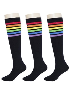 KONY Women's Cotton Colorful Striped Rainbow Knee High Socks 1/3 Pairs, Comfortable Stay Up Best Gift Size 6-10