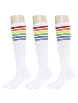 KONY Women's Cotton Colorful Striped Rainbow Knee High Socks 1/3 Pairs, Comfortable Stay Up Best Gift Size 6-10