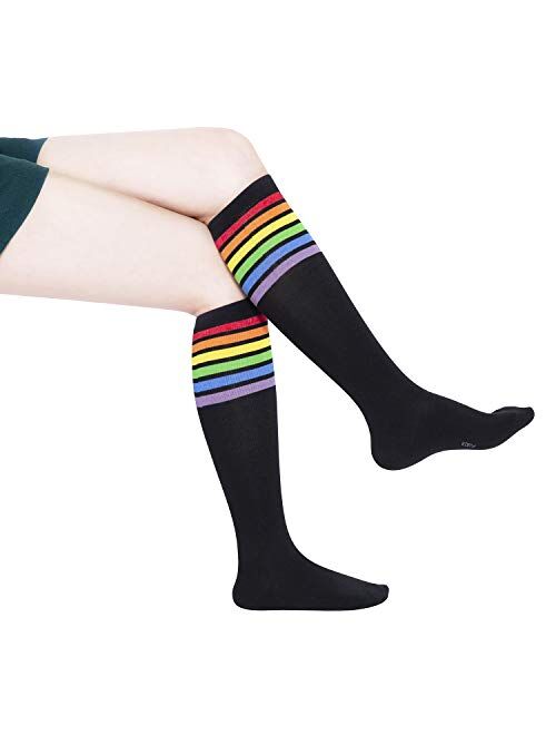 KONY Women's Cotton Colorful Striped Rainbow Knee High Socks 1/3 Pairs, Comfortable Stay Up Best Gift Size 6-10