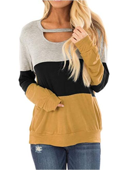 Minclouse Women's Color Block Long Sleeves Tunic Cutout Choker Tops Crew Neck Casual Loose Blouses Cute Sweatshirts