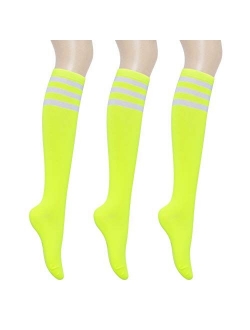 KONY Women's Cotton Knee High Socks - Casual Solid & Triple Stripe Colors Fashion Socks 3 Pairs (Womens Shoe Size 5-9)