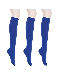 KONY Women's Cotton Knee High Socks - Casual Solid & Triple Stripe Colors Fashion Socks 3 Pairs (Womens Shoe Size 5-9)