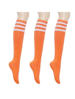 KONY Women's Cotton Knee High Socks - Casual Solid & Triple Stripe Colors Fashion Socks 3 Pairs (Womens Shoe Size 5-9)