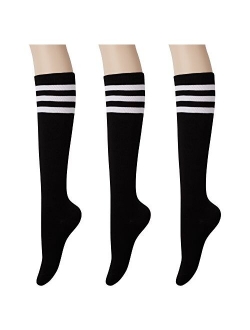 KONY Women's Cotton Knee High Socks - Casual Solid & Triple Stripe Colors Fashion Socks 3 Pairs (Womens Shoe Size 5-9)