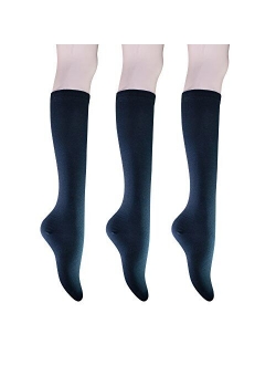 KONY Women's Cotton Knee High Socks - Casual Solid & Triple Stripe Colors Fashion Socks 3 Pairs (Womens Shoe Size 5-9)