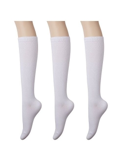 KONY Women's Cotton Knee High Socks - Casual Solid & Triple Stripe Colors Fashion Socks 3 Pairs (Womens Shoe Size 5-9)