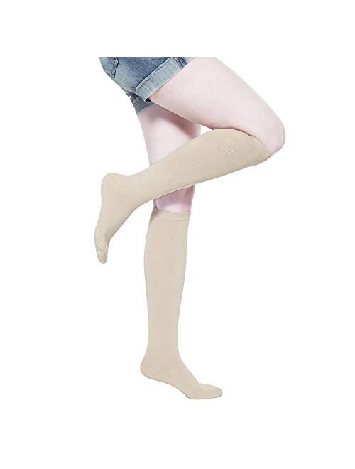 KONY Women's Cotton Knee High Socks - Casual Solid & Triple Stripe Colors Fashion Socks 3 Pairs (Womens Shoe Size 5-9)