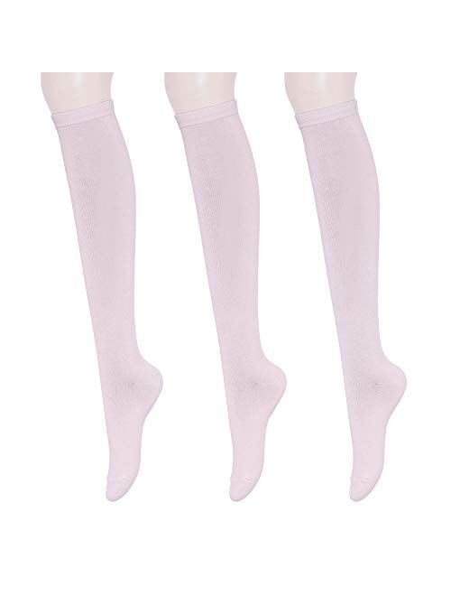 KONY Women's Cotton Knee High Socks - Casual Solid & Triple Stripe Colors Fashion Socks 3 Pairs (Womens Shoe Size 5-9)