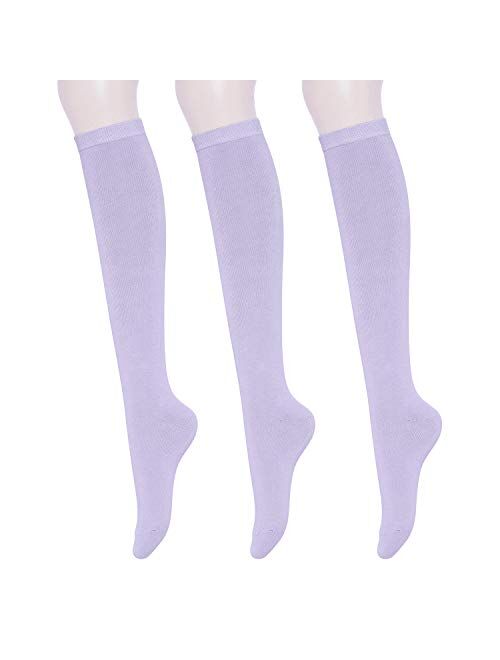 KONY Women's Cotton Knee High Socks - Casual Solid & Triple Stripe Colors Fashion Socks 3 Pairs (Womens Shoe Size 5-9)