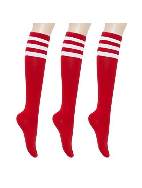 KONY Women's Cotton Knee High Socks - Casual Solid & Triple Stripe Colors Fashion Socks 3 Pairs (Womens Shoe Size 5-9)