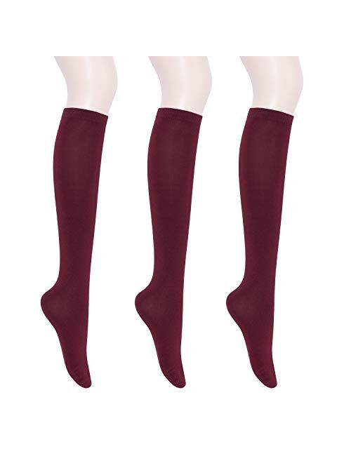 KONY Women's Cotton Knee High Socks - Casual Solid & Triple Stripe Colors Fashion Socks 3 Pairs (Womens Shoe Size 5-9)