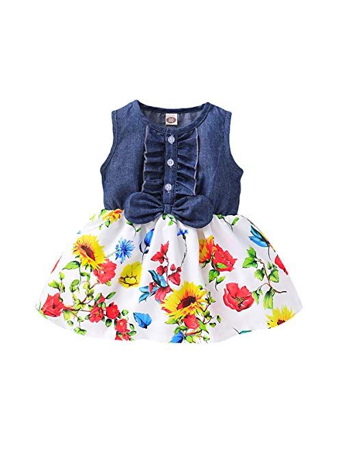 Kucnuzki Toddler Girl Outfits Baby Sunflower Princess Dresses Denim Summer Sleeveless Clothes Jean Tutu Skirts for Girls