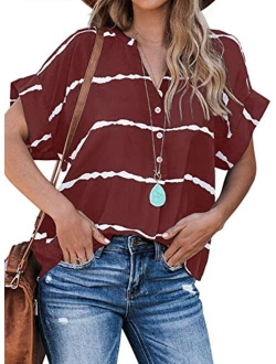 HOTAPEI Womens Summer Blouses Casual V Neck Stripe Short Sleeve Button Down Shirts Tops