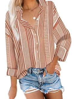 HOTAPEI Womens Summer Blouses Casual V Neck Stripe Short Sleeve Button Down Shirts Tops