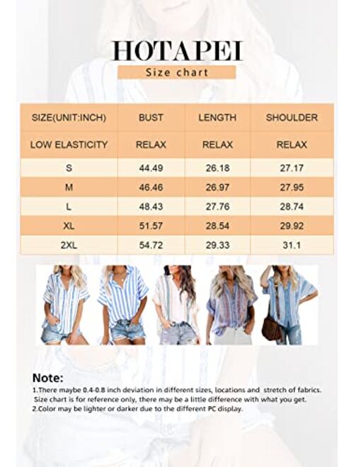 HOTAPEI Womens Summer Blouses Casual V Neck Stripe Short Sleeve Button Down Shirts Tops