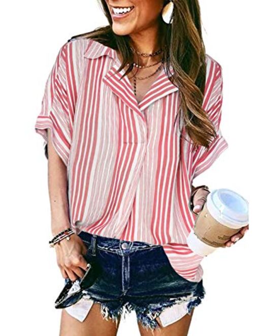 HOTAPEI Womens Summer Blouses Casual V Neck Stripe Short Sleeve Button Down Shirts Tops