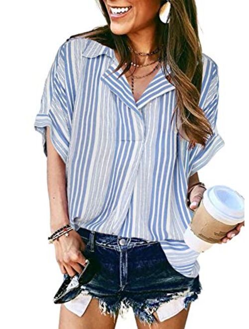 HOTAPEI Womens Summer Blouses Casual V Neck Stripe Short Sleeve Button Down Shirts Tops