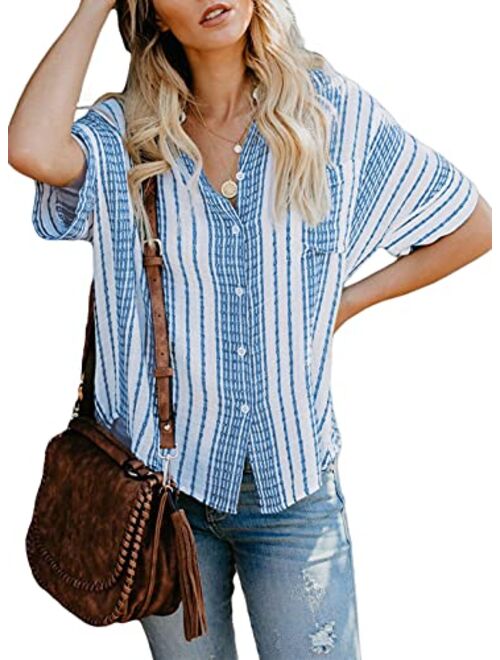 HOTAPEI Womens Summer Blouses Casual V Neck Stripe Short Sleeve Button Down Shirts Tops