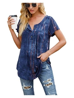 AMCLOS Womens Tie-Dye Tops V Neck Soft T-Shirts Flowy Tunic Button up Casual Blouses Summer Short Sleeve