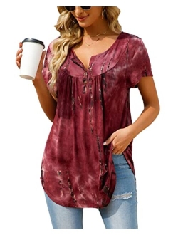 AMCLOS Womens Tie-Dye Tops V Neck Soft T-Shirts Flowy Tunic Button up Casual Blouses Summer Short Sleeve