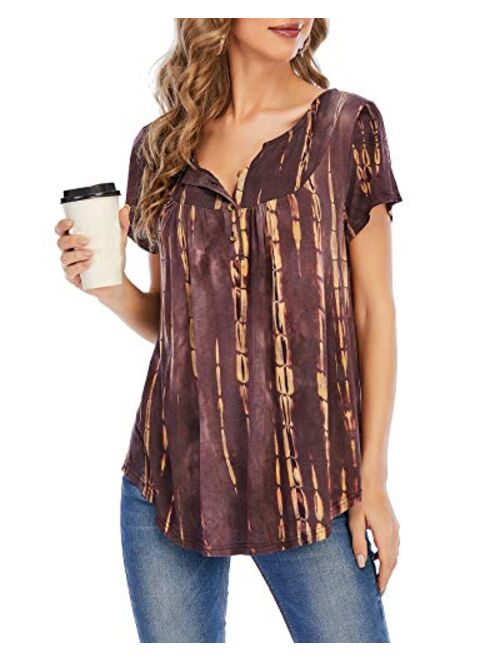 AMCLOS Womens Tie-Dye Tops V Neck Soft T-Shirts Flowy Tunic Button up Casual Blouses Summer Short Sleeve