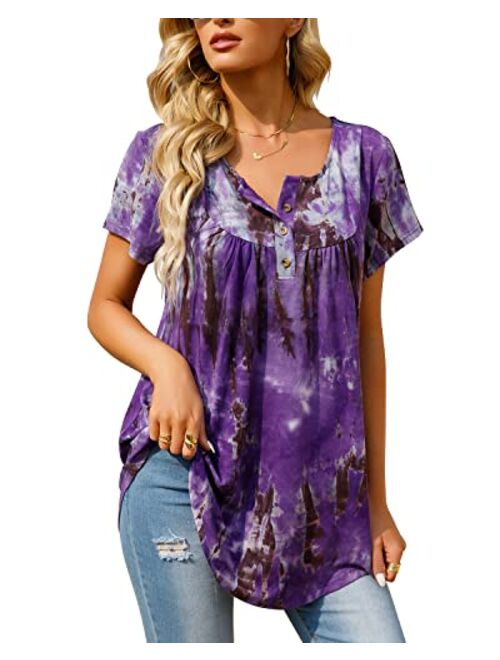 AMCLOS Womens Tie-Dye Tops V Neck Soft T-Shirts Flowy Tunic Button up Casual Blouses Summer Short Sleeve