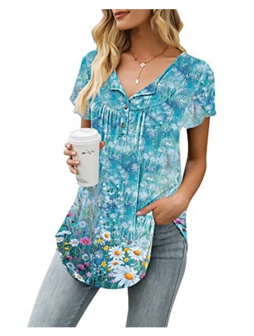 AMCLOS Womens Tie-Dye Tops V Neck Soft T-Shirts Flowy Tunic Button up Casual Blouses Summer Short Sleeve