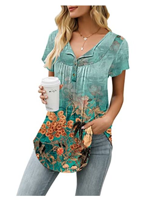 AMCLOS Womens Tie-Dye Tops V Neck Soft T-Shirts Flowy Tunic Button up Casual Blouses Summer Short Sleeve