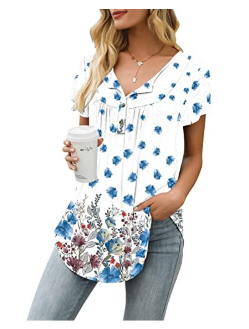 AMCLOS Womens Tie-Dye Tops V Neck Soft T-Shirts Flowy Tunic Button up Casual Blouses Summer Short Sleeve