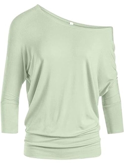 Dolman Tops for Women Sexy Off The Shoulder Tops Banded Waistband Shirts 3/4 Sleeves Regular and Plus Size Tops