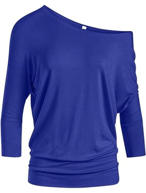 Dolman Tops for Women Sexy Off The Shoulder Tops Banded Waistband Shirts 3/4 Sleeves Regular and Plus Size Tops