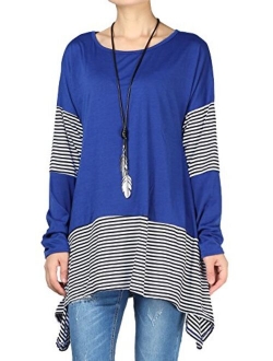 Mordenmiss Women's Stripes Asymmetry Tunic Swing Flowy Plain T-Shirt Top