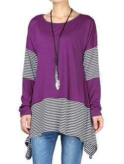 Mordenmiss Women's Stripes Asymmetry Tunic Swing Flowy Plain T-Shirt Top