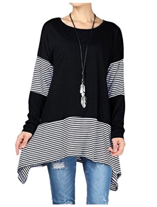 Mordenmiss Women's Stripes Asymmetry Tunic Swing Flowy Plain T-Shirt Top