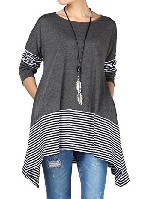 Mordenmiss Women's Stripes Asymmetry Tunic Swing Flowy Plain T-Shirt Top