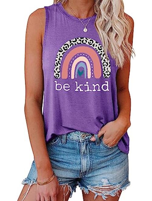 IRISGOD Womens Be Kind Tank Tops Casual Short Sleeve Rainbow Inspirational Graphic Tees Tops