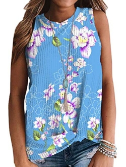 IWOLLENCE Womens Waffle Knit Tunic Casual Blouse Sleeveless Cute Twist Knot Tank Tops