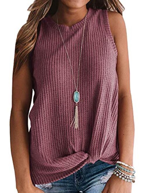 IWOLLENCE Womens Waffle Knit Tunic Casual Blouse Sleeveless Cute Twist Knot Tank Tops