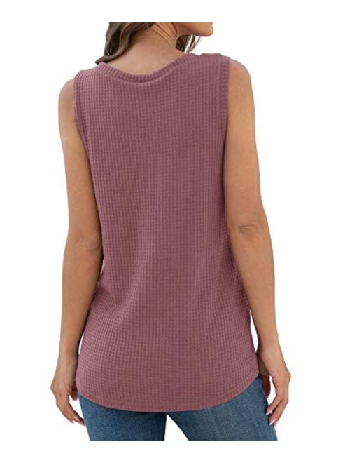 IWOLLENCE Womens Waffle Knit Tunic Casual Blouse Sleeveless Cute Twist Knot Tank Tops