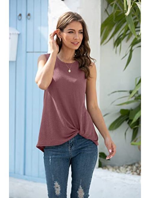 IWOLLENCE Womens Waffle Knit Tunic Casual Blouse Sleeveless Cute Twist Knot Tank Tops