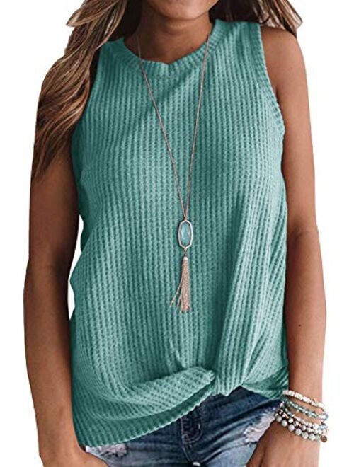 IWOLLENCE Womens Waffle Knit Tunic Casual Blouse Sleeveless Cute Twist Knot Tank Tops