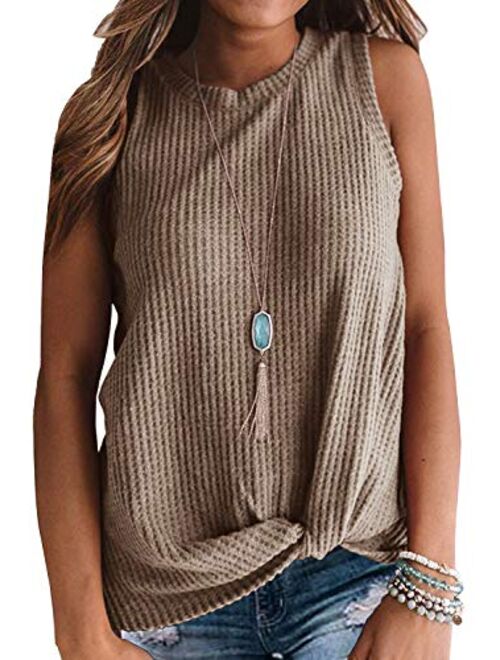 IWOLLENCE Womens Waffle Knit Tunic Casual Blouse Sleeveless Cute Twist Knot Tank Tops