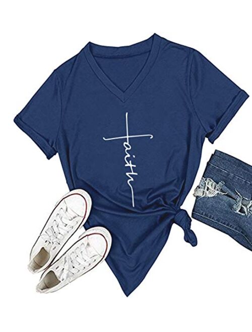 DANVOUY Women's V-Neck Summer Casual Letters Printed Short Sleeves Graphic T-Shirt