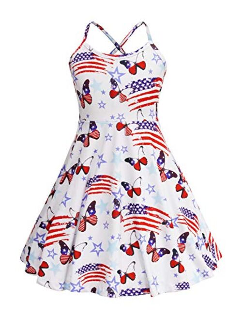 Girls Summer Cami Dress Unicorn Spaghetti Strap Dresses Patriotic 4th of July American Flag Dresses