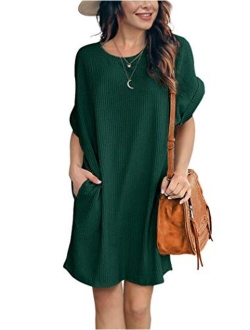 IWOLLENCE Women Waffle Knit Tunic Dress Casual Summer Short Sleeve Loose Dresses Cover Up Beach Dresses with Pocket