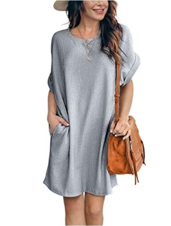 IWOLLENCE Women Waffle Knit Tunic Dress Casual Summer Short Sleeve Loose Dresses Cover Up Beach Dresses with Pocket