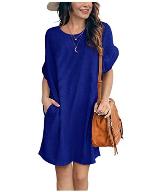 IWOLLENCE Women Waffle Knit Tunic Dress Casual Summer Short Sleeve Loose Dresses Cover Up Beach Dresses with Pocket